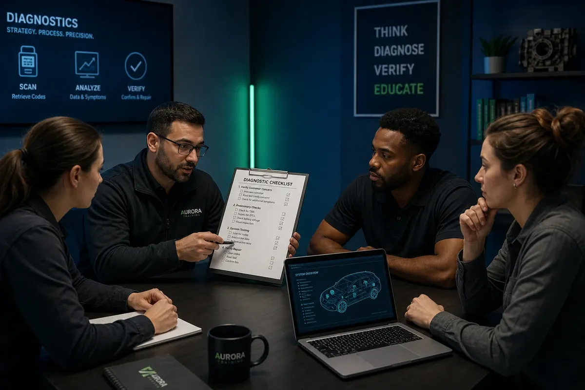 Team bespricht Prüfcheckliste in dunkler Besprechung