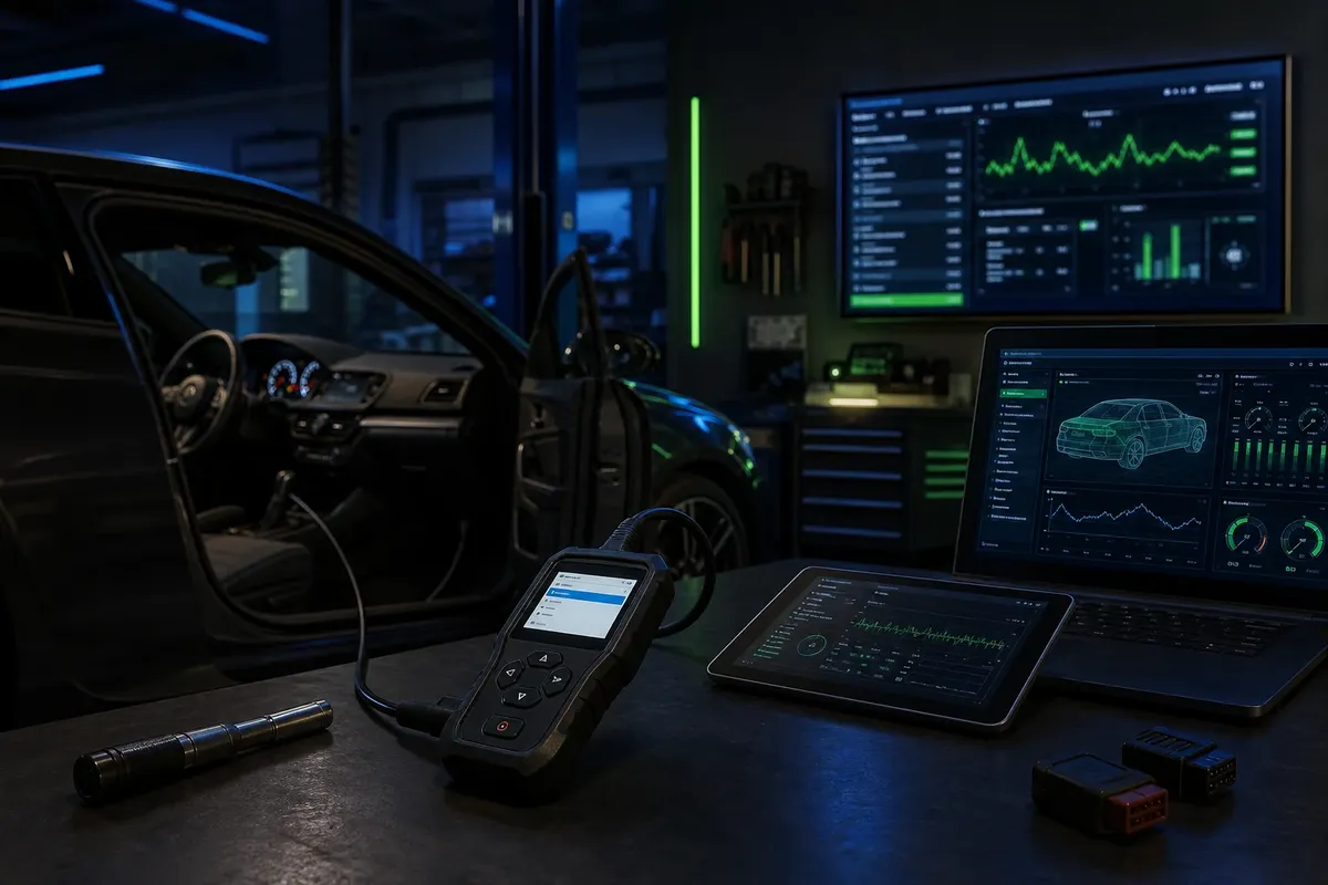 Dunkler Werkstattarbeitsplatz mit OBD-Diagnosemodul am Monitor